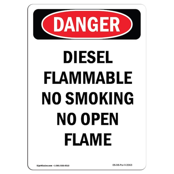 Safety Sign, OSHA Danger, 24" Height, Aluminum, Diesel Flammable No Smoking No, Portrait